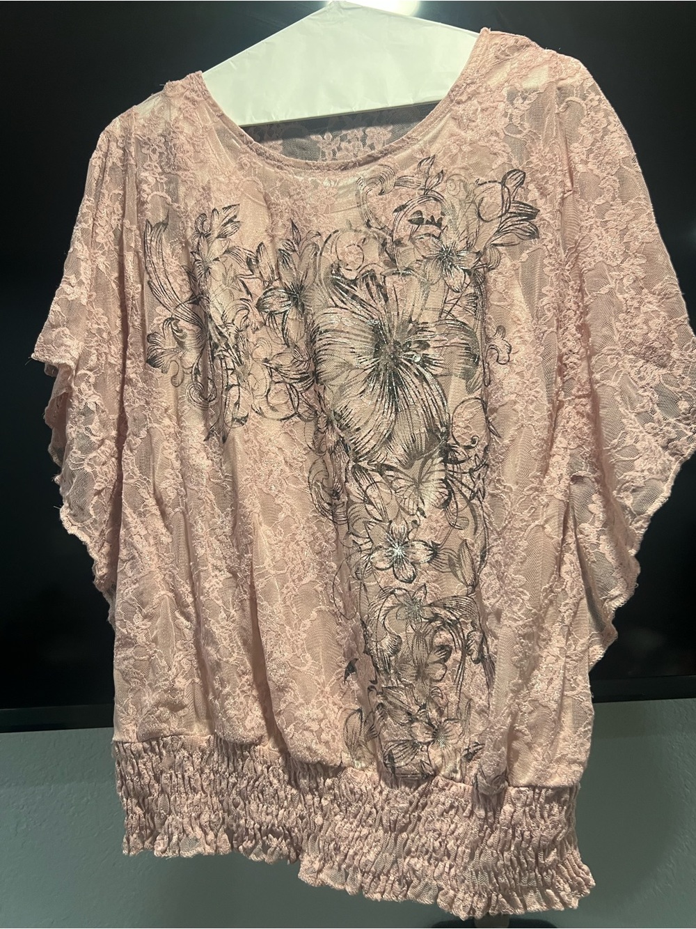 SAYLOR Blush Lace Floral Blouson Top with Black Print